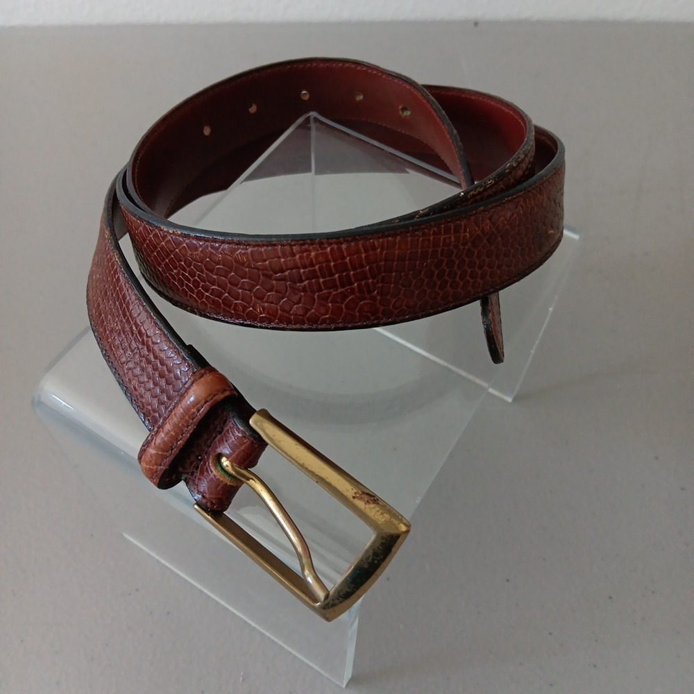 VTG Reptile Leather Belt Womens Size 38 Cognac Red Brass Square Buckle Old Money - Picture 2 of 12